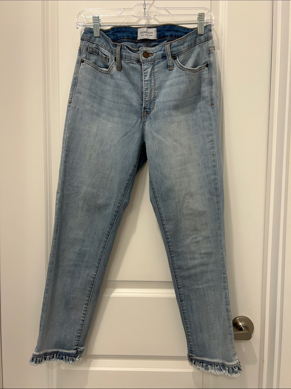 crown & ivy Light Wash Cropped Jeans with Distressed Ruffle Hem